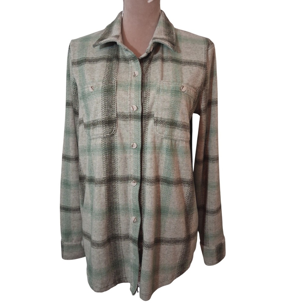 Thread & Supply Women Medium Beige Moss Plaid Relaxed Fit Button Down Shirt